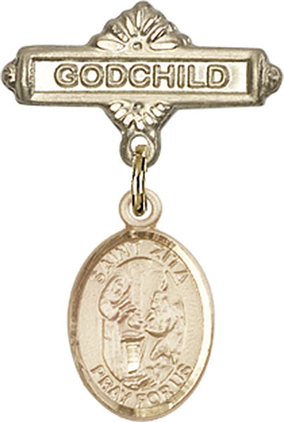 14kt Gold Filled Baby Badge with St. Zita Charm and Godchild Badge Pin