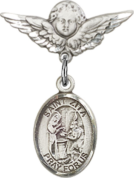 Sterling Silver Baby Badge with St. Zita Charm and Angel w/Wings Badge Pin