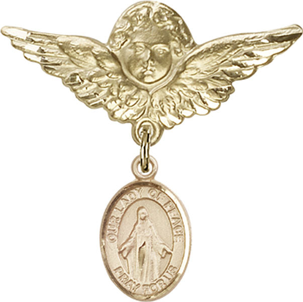 14kt Gold Baby Badge with O/L of Peace Charm and Angel w/Wings Badge Pin
