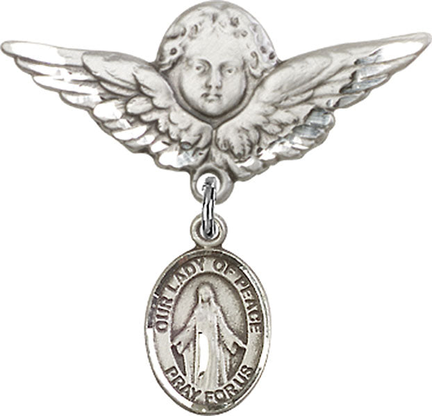 Sterling Silver Baby Badge with O/L of Peace Charm and Angel w/Wings Badge Pin