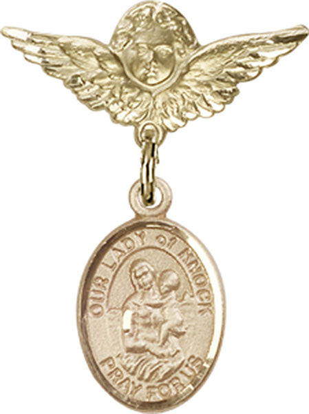 14kt Gold Filled Baby Badge with O/L of Knock Charm and Angel w/Wings Badge Pin