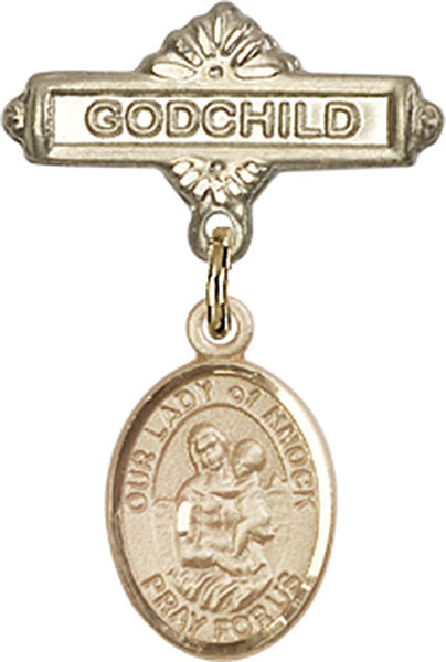 14kt Gold Filled Baby Badge with O/L of Knock Charm and Godchild Badge Pin