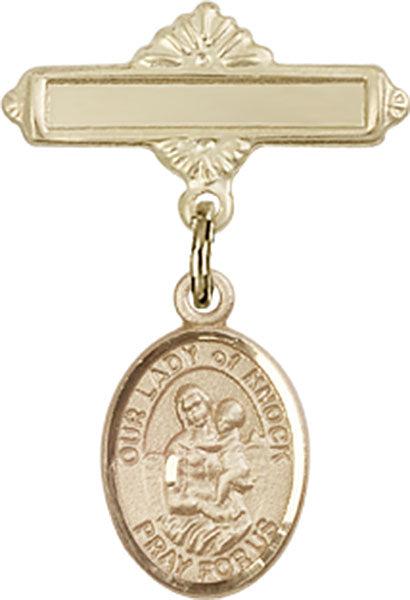 14kt Gold Baby Badge with O/L of Knock Charm and Polished Badge Pin