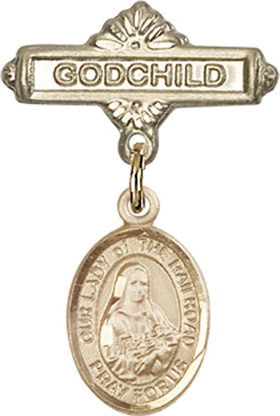 14kt Gold Baby Badge with O/L of the Railroad Charm and Godchild Badge Pin