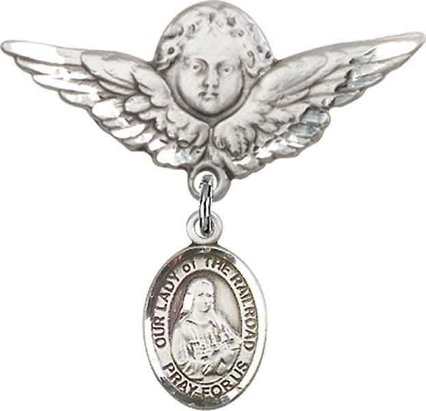 Sterling Silver Baby Badge with O/L of the Railroad Charm and Angel w/Wings Badge Pin