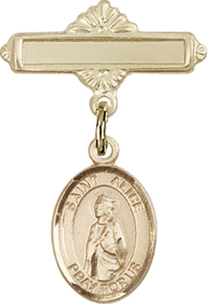 14kt Gold Filled Baby Badge with St. Alice Charm and Polished Badge Pin