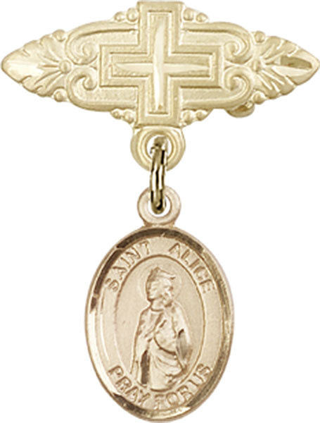 14kt Gold Filled Baby Badge with St. Alice Charm and Badge Pin with Cross