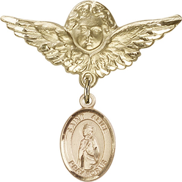 14kt Gold Baby Badge with St. Alice Charm and Angel w/Wings Badge Pin