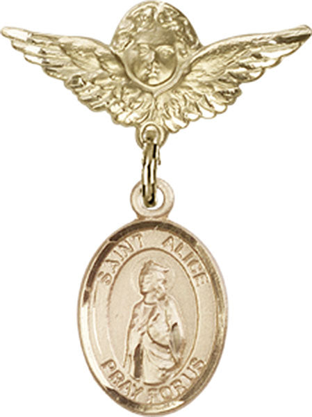 14kt Gold Baby Badge with St. Alice Charm and Angel w/Wings Badge Pin