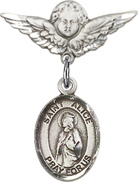 Sterling Silver Baby Badge with St. Alice Charm and Angel w/Wings Badge Pin