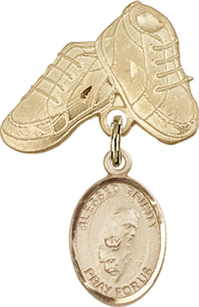 14kt Gold Filled Baby Badge with Blessed Trinity Charm and Baby Boots Pin