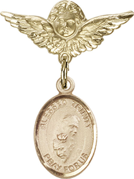 14kt Gold Baby Badge with Blessed Trinity Charm and Angel w/Wings Badge Pin