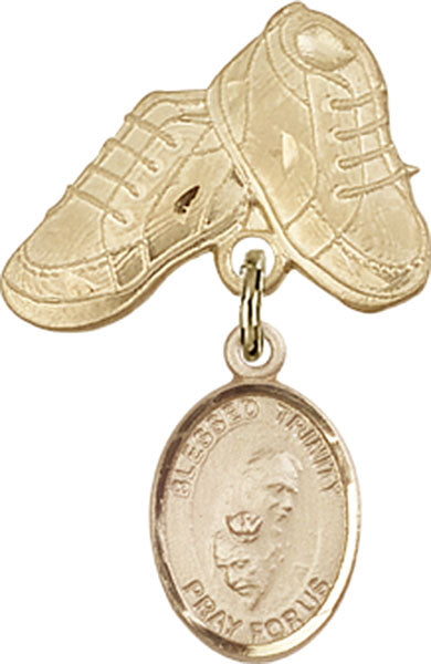 14kt Gold Baby Badge with Blessed Trinity Charm and Baby Boots Pin