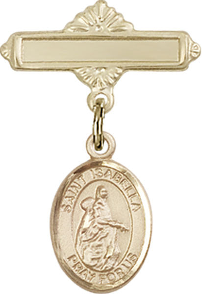14kt Gold Filled Baby Badge with St. Isabella of Portugal Charm and Polished Badge Pin