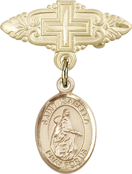 14kt Gold Filled Baby Badge with St. Isabella of Portugal Charm and Badge Pin with Cross