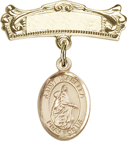 14kt Gold Baby Badge with St. Isabella of Portugal Charm and Arched Polished Badge Pin