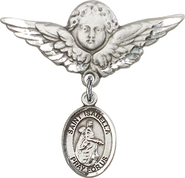 Sterling Silver Baby Badge with St. Isabella of Portugal Charm and Angel w/Wings Badge Pin