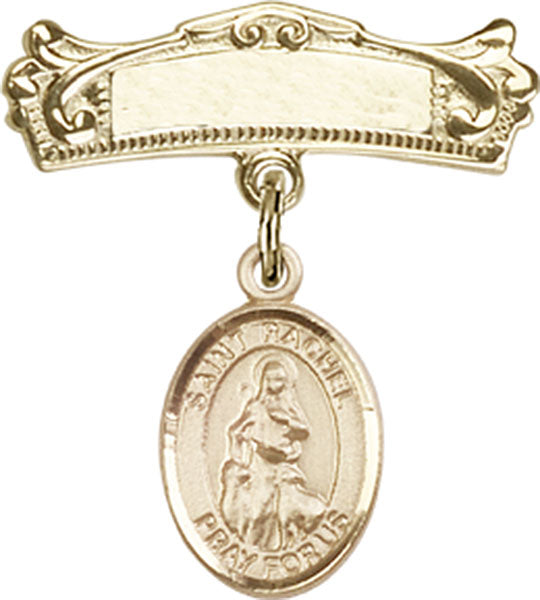 14kt Gold Filled Baby Badge with St. Rachel Charm and Arched Polished Badge Pin