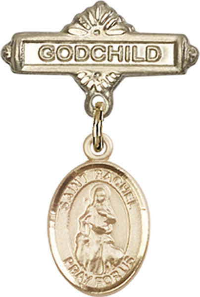 14kt Gold Filled Baby Badge with St. Rachel Charm and Godchild Badge Pin
