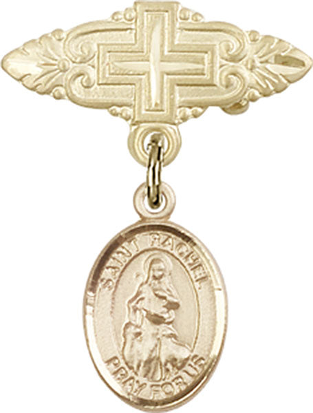14kt Gold Baby Badge with St. Rachel Charm and Badge Pin with Cross