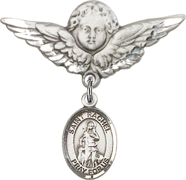 Sterling Silver Baby Badge with St. Rachel Charm and Angel w/Wings Badge Pin