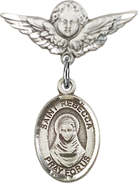 Sterling Silver Baby Badge with St. Rebecca Charm and Angel w/Wings Badge Pin