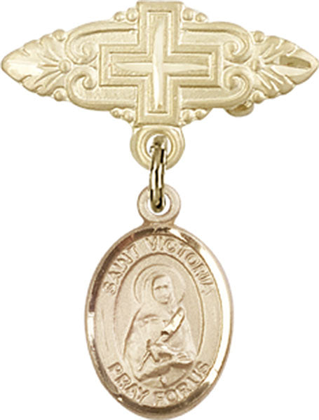 14kt Gold Filled Baby Badge with St. Victoria Charm and Badge Pin with Cross