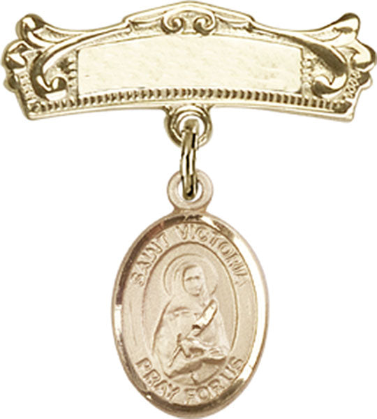 14kt Gold Filled Baby Badge with St. Victoria Charm and Arched Polished Badge Pin