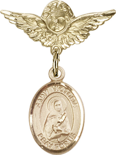 14kt Gold Filled Baby Badge with St. Victoria Charm and Angel w/Wings Badge Pin