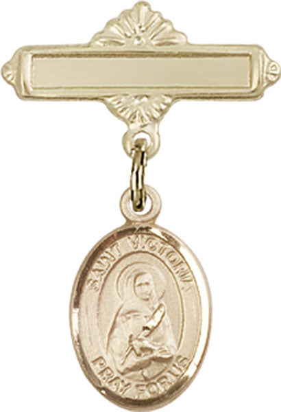 14kt Gold Baby Badge with St. Victoria Charm and Polished Badge Pin