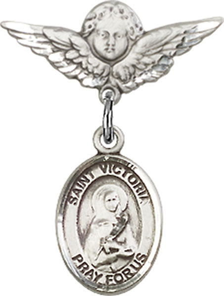 Sterling Silver Baby Badge with St. Victoria Charm and Angel w/Wings Badge Pin