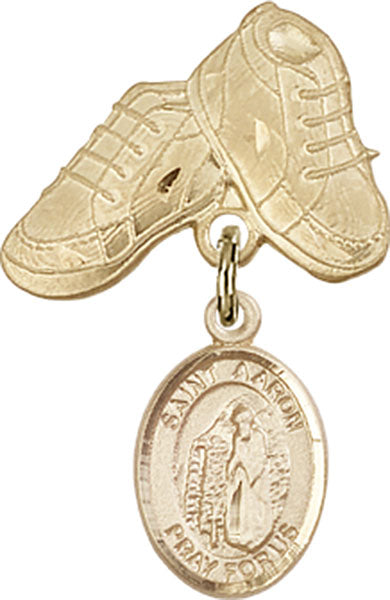 14kt Gold Baby Badge with St. Aaron Charm and Baby Boots Pin