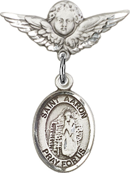 Sterling Silver Baby Badge with St. Aaron Charm and Angel w/Wings Badge Pin