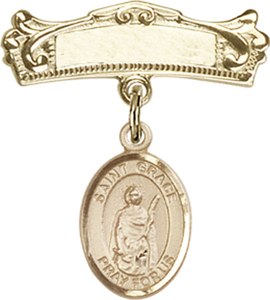 14kt Gold Filled Baby Badge with St. Grace Charm and Arched Polished Badge Pin