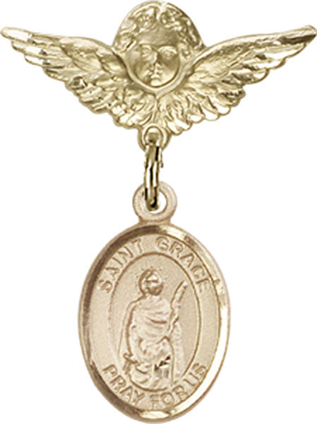 14kt Gold Baby Badge with St. Grace Charm and Angel w/Wings Badge Pin