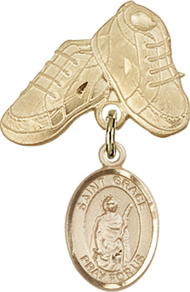 14kt Gold Baby Badge with St. Grace Charm and Baby Boots Pin