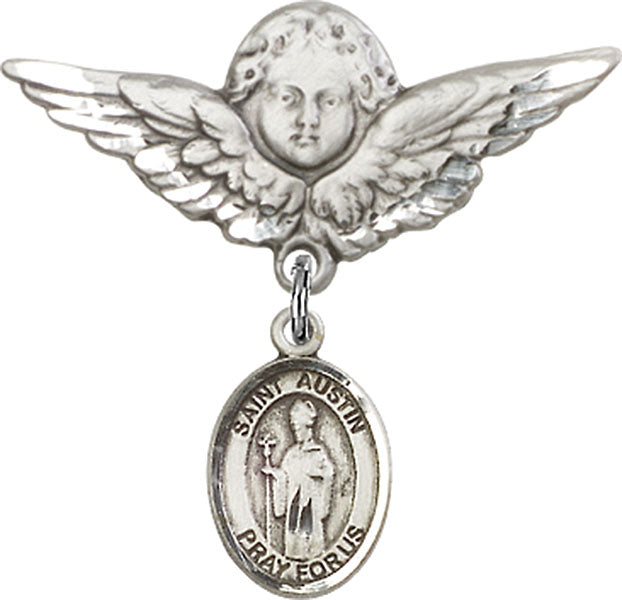 Sterling Silver Baby Badge with St. Austin Charm and Angel w/Wings Badge Pin