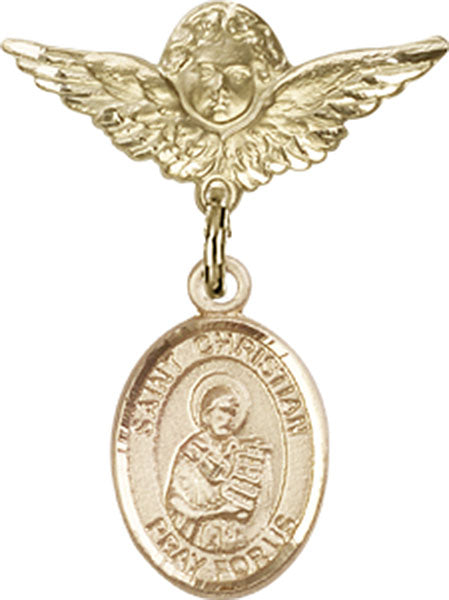 14kt Gold Filled Baby Badge with St. Christian Demosthenes Charm and Angel w/Wings Badge Pin