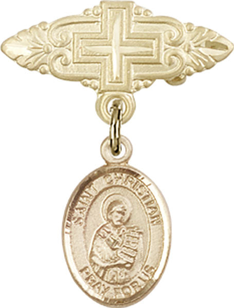 14kt Gold Baby Badge with St. Christian Demosthenes Charm and Badge Pin with Cross