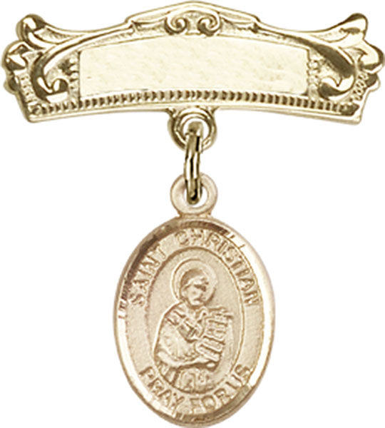 14kt Gold Baby Badge with St. Christian Demosthenes Charm and Arched Polished Badge Pin