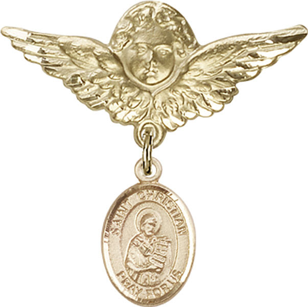 14kt Gold Baby Badge with St. Christian Demosthenes Charm and Angel w/Wings Badge Pin