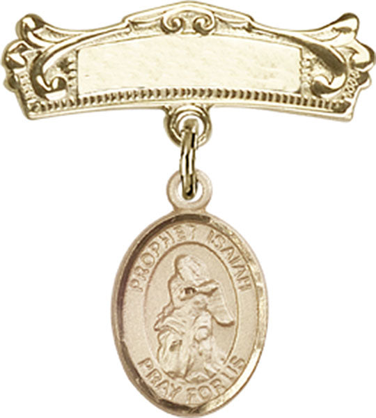14kt Gold Filled Baby Badge with St. Isaiah Charm and Arched Polished Badge Pin