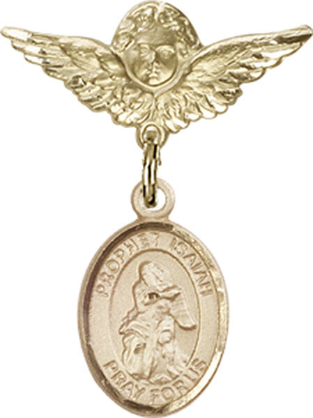 14kt Gold Filled Baby Badge with St. Isaiah Charm and Angel w/Wings Badge Pin