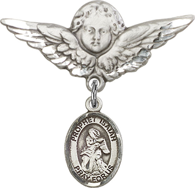 Sterling Silver Baby Badge with St. Isaiah Charm and Angel w/Wings Badge Pin