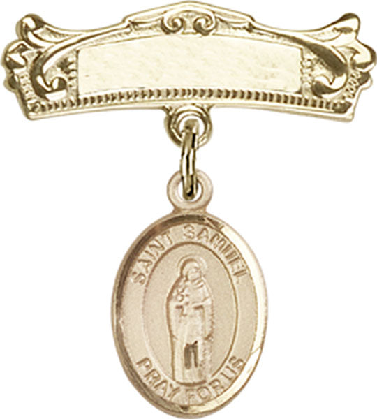 14kt Gold Filled Baby Badge with St. Samuel Charm and Arched Polished Badge Pin