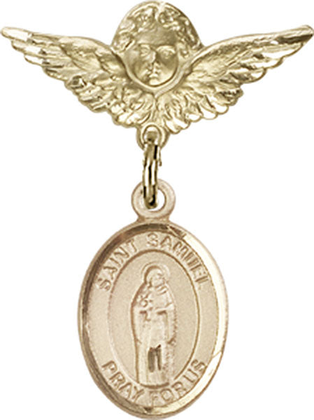 14kt Gold Filled Baby Badge with St. Samuel Charm and Angel w/Wings Badge Pin
