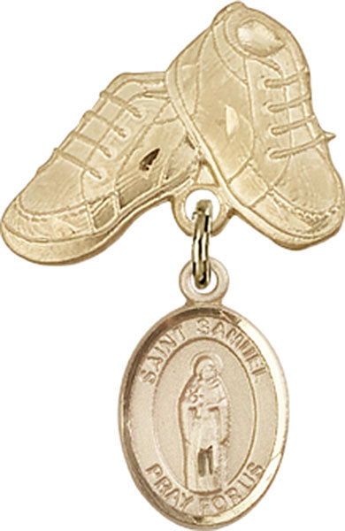 14kt Gold Filled Baby Badge with St. Samuel Charm and Baby Boots Pin