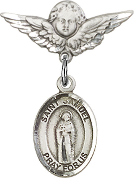 Sterling Silver Baby Badge with St. Samuel Charm and Angel w/Wings Badge Pin