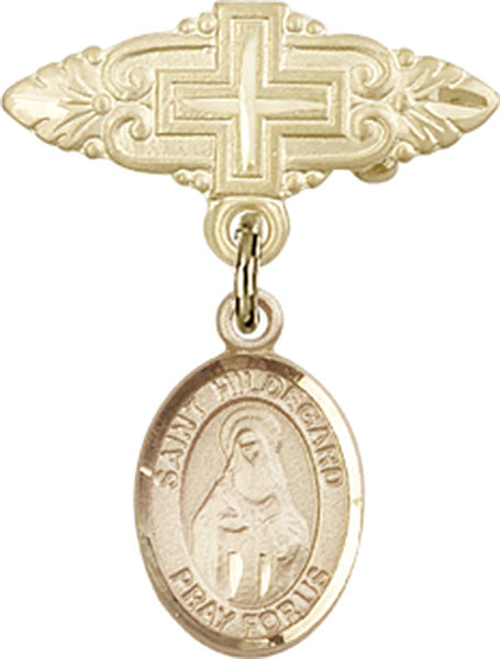 14kt Gold Filled Baby Badge with St. Hildegard Von Bingen Charm and Badge Pin with Cross