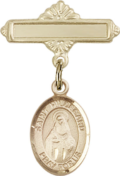14kt Gold Baby Badge with St. Hildegard Von Bingen Charm and Polished Badge Pin